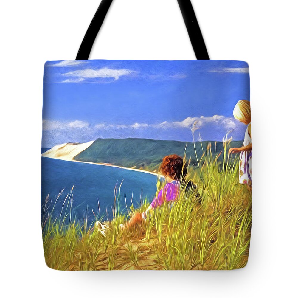 Usa Tote Bag featuring the digital art Children on the Dunes by Dennis Cox