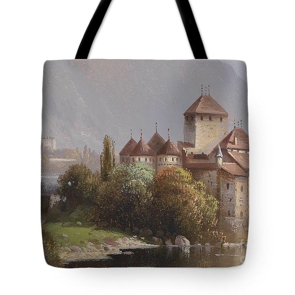 Hubert Sattler Tote Bag featuring the painting Chillon Castle by MotionAge Designs