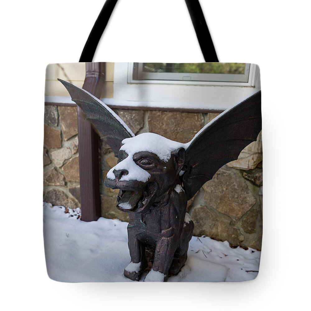 Gargoyle Tote Bag featuring the photograph Chimera In The Snow by D K Wall