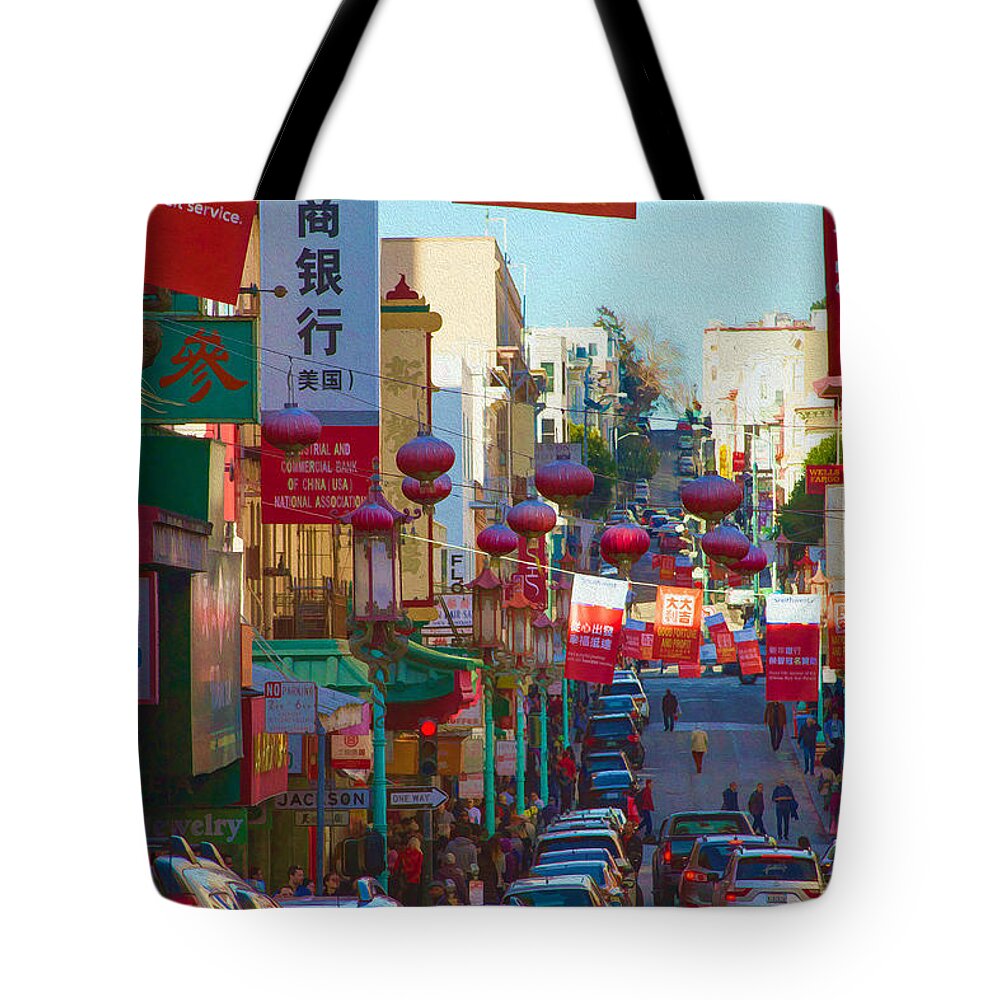 Bonnie Follett Tote Bag featuring the photograph Chinatown Street Scene by Bonnie Follett