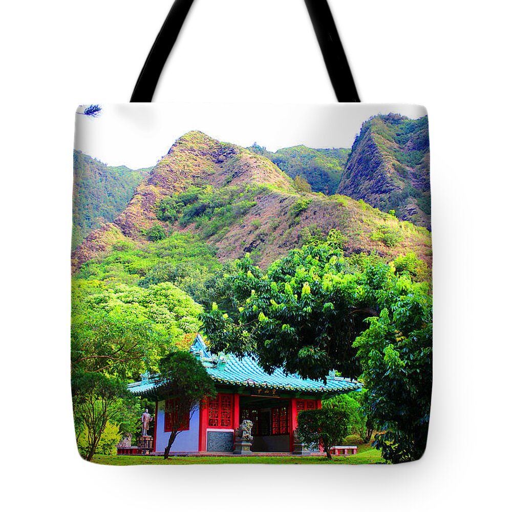 Japanese Temple Tote Bag featuring the photograph Chinese Pagoda in Maui by Michael Rucker