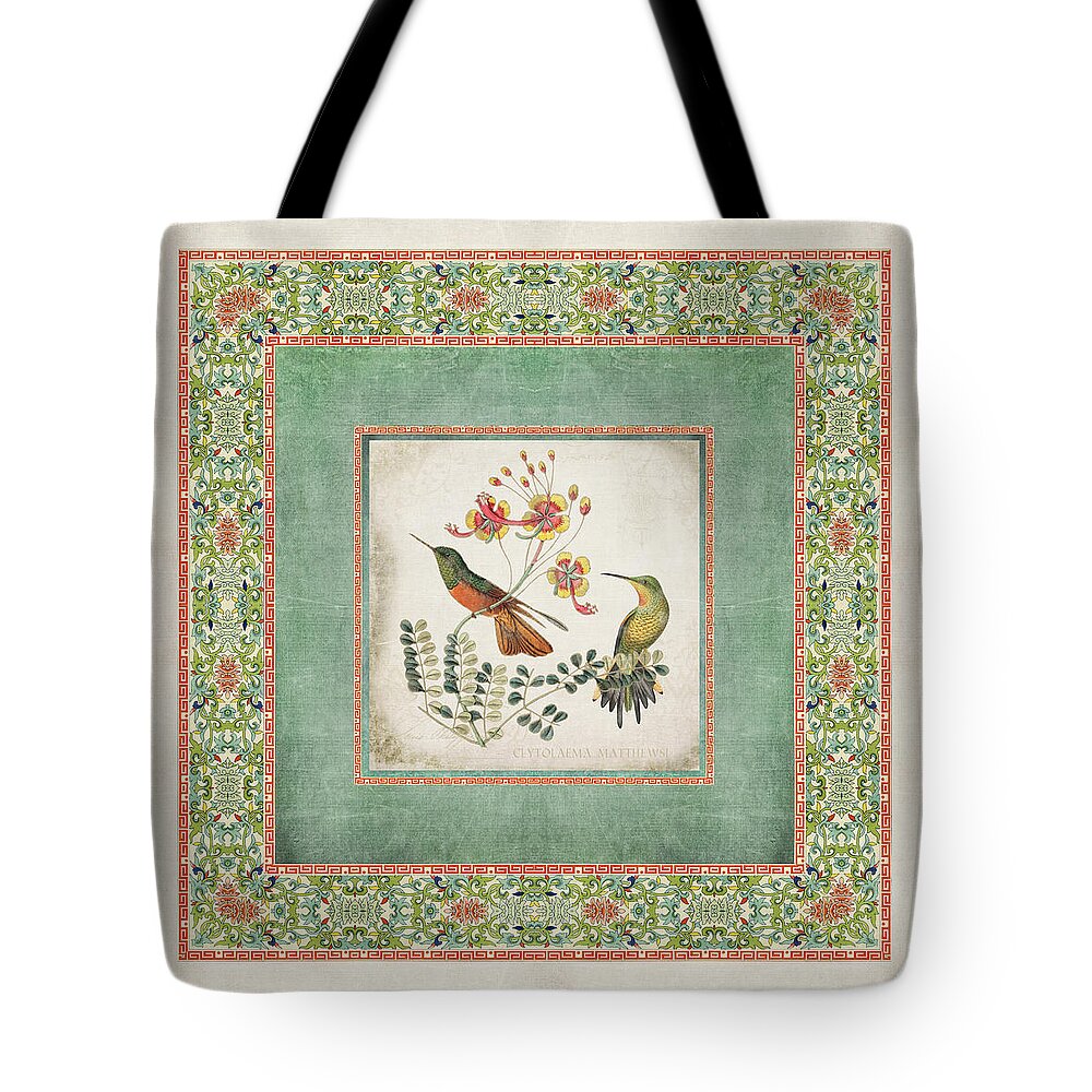 Chinese Ornamental Paper Tote Bag featuring the digital art Chinoiserie Vintage Hummingbirds n Flowers 1 by Audrey Jeanne Roberts