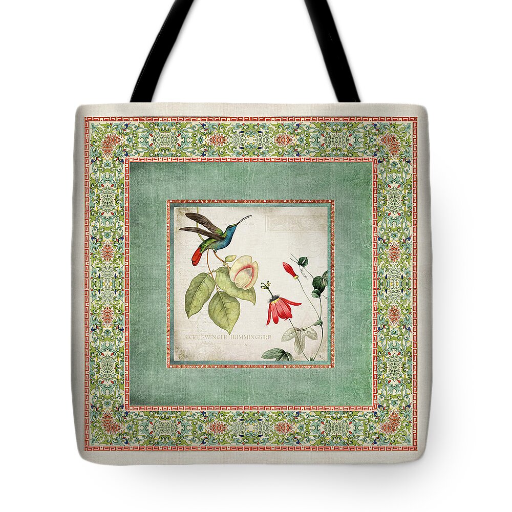 Chinese Ornamental Paper Tote Bag featuring the digital art Chinoiserie Vintage Hummingbirds n Flowers 2 by Audrey Jeanne Roberts