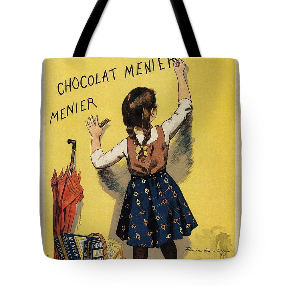 Chocolat Menier Tote Bag featuring the mixed media Chocolat Menier - Chocolate manufacturing Company - Vintage Advertising Poster by Studio Grafiikka