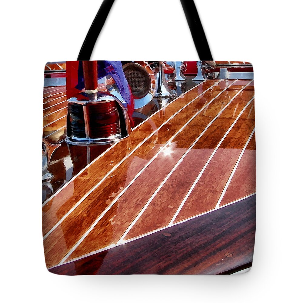 Chriscraft Tote Bag featuring the digital art Chris Craft Bow - Painterly by Michelle Calkins