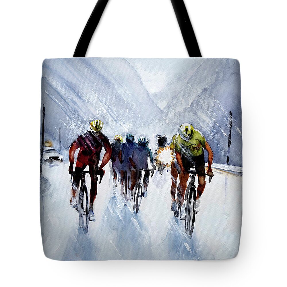 My Name On Ebay Is Sannpet. 24cm X 32cm Watercolour Tote Bag featuring the painting Chris Froome and Others in Rain and Ice by Shirley Peters