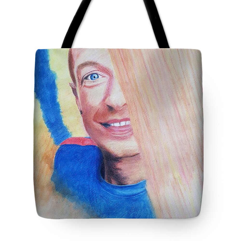 Chris Martin Tote Bag featuring the drawing Chris Martin by Cassy Allsworth