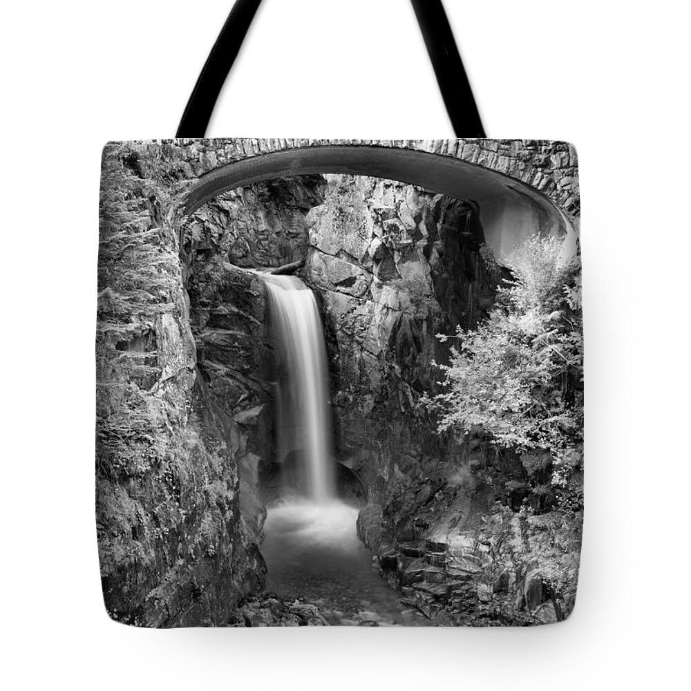 Black Tote Bag featuring the photograph Christine Falls In The Canyon Black And White by Adam Jewell