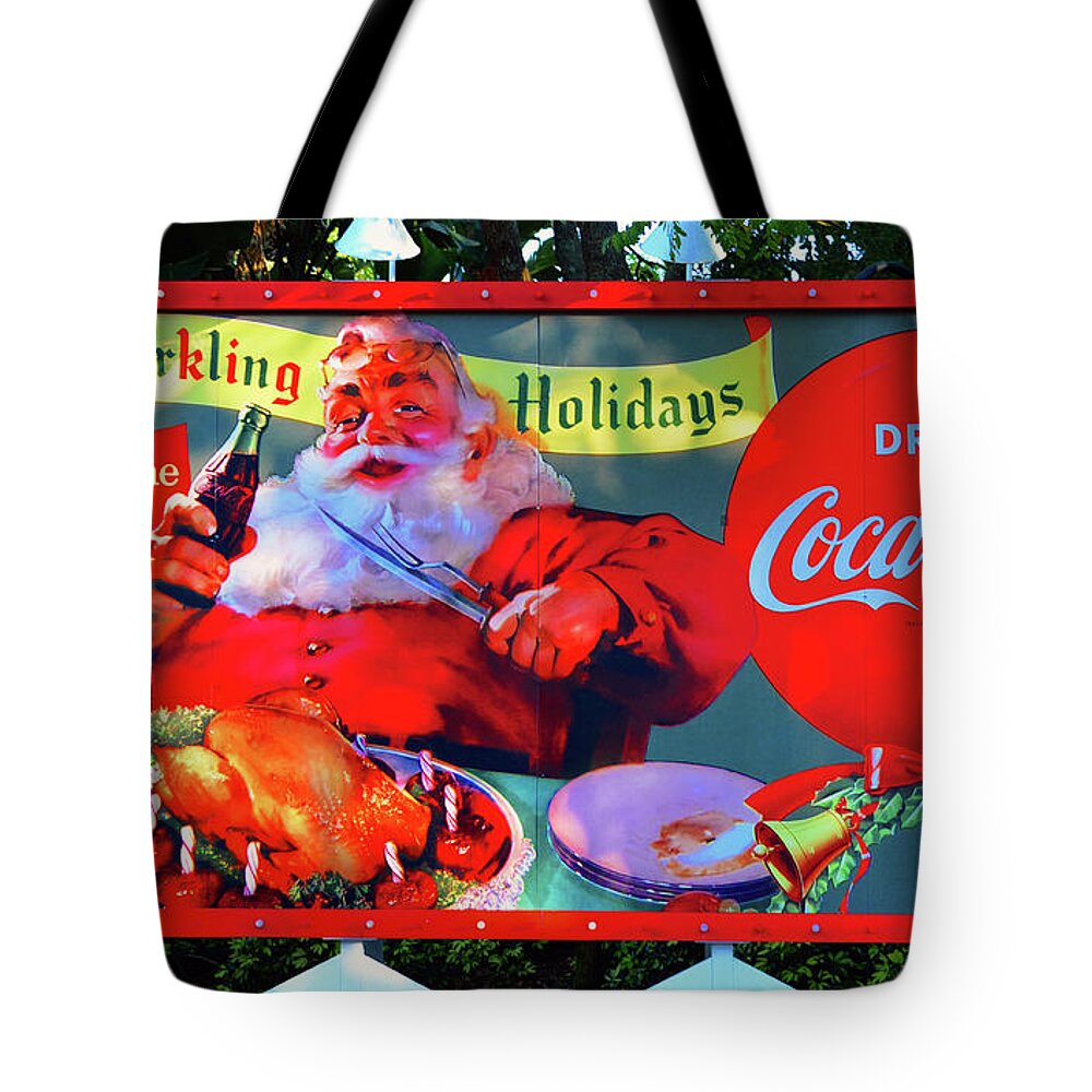 Vintage Christmas Billboard Sign Tote Bag featuring the photograph Christmas and Coke billboard sign by David Lee Thompson