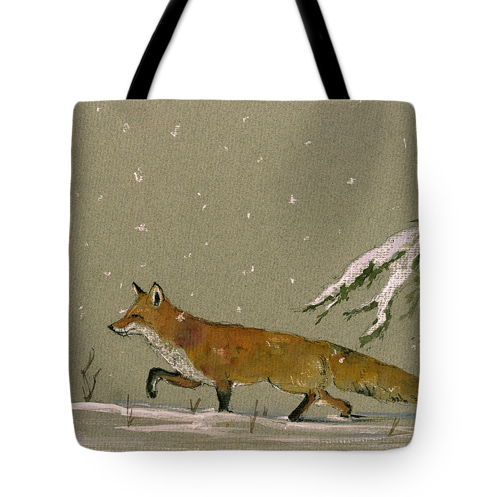 Fox In The Snow Tote Bag featuring the painting Christmas fox snow by Juan Bosco