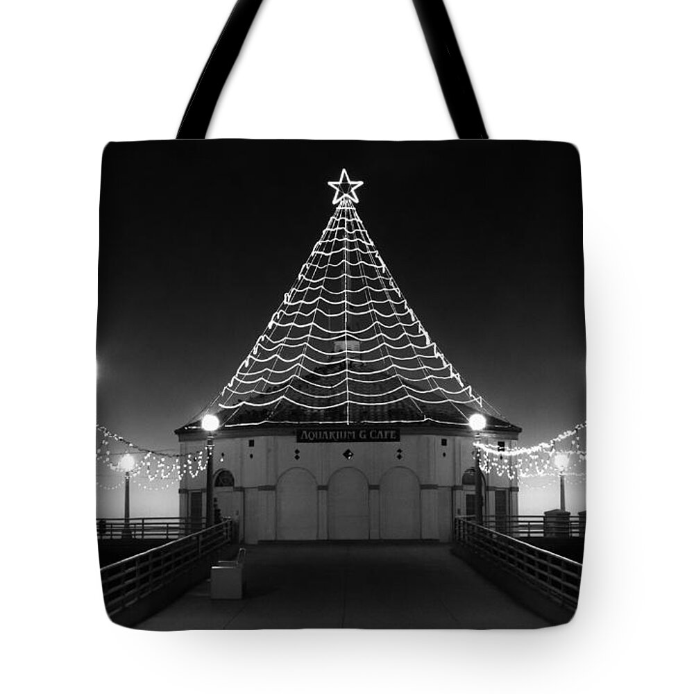 Manhattan Pier Tote Bag featuring the photograph Christmas Lights on Manhattan Pier B and W by Michael Hope