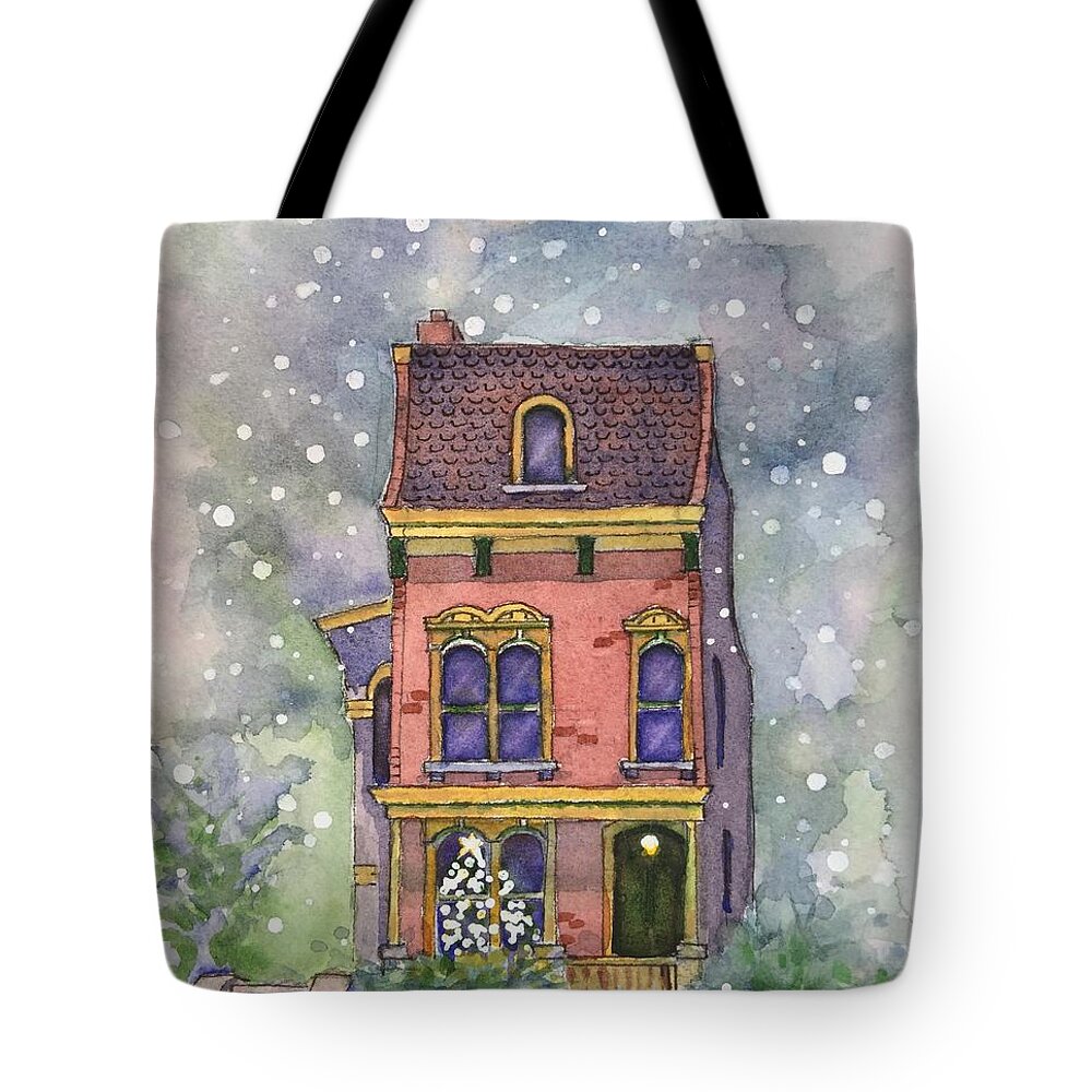 Watercolor Christmas Card Tote Bag featuring the painting Christmas on North Hill by Rebecca Matthews