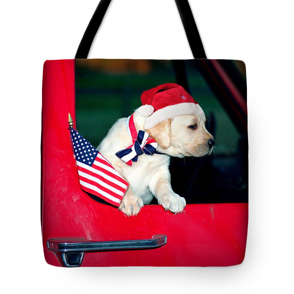 Yellow Lab With American Flag In Red Pickup Truck With Santa Hat Tote Bag featuring the photograph Christmas Parade by Dale Hall
