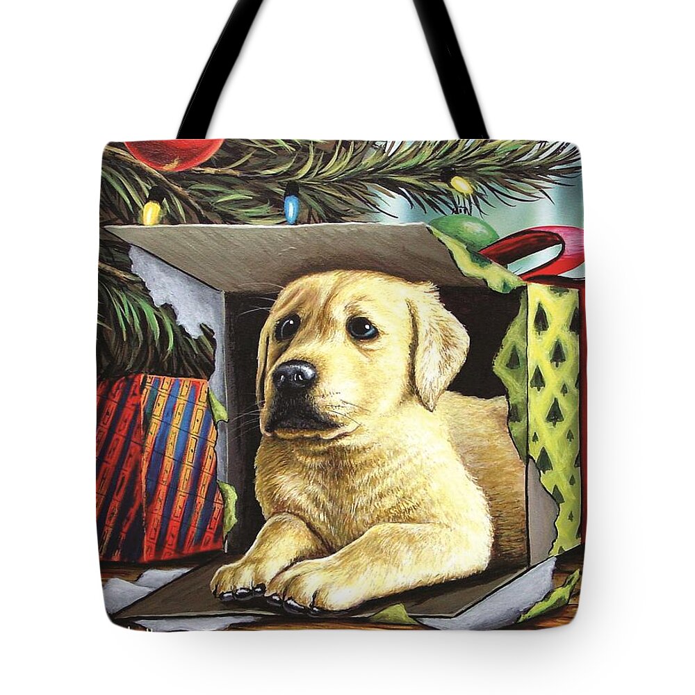 Yellow Lab Tote Bag featuring the painting Christmas Pup by Anthony J Padgett