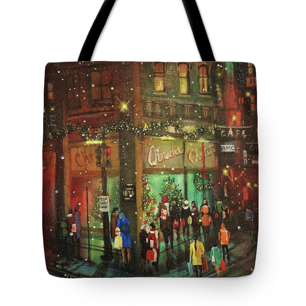 Old Chicago Tote Bag featuring the painting Christmas Shopping by Tom Shropshire