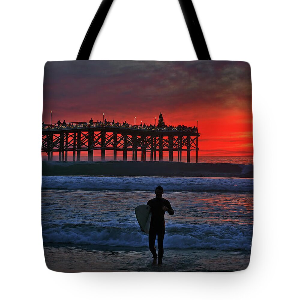 Pacific Beach Tote Bag featuring the photograph Christmas Surfer Sunset by Sam Antonio