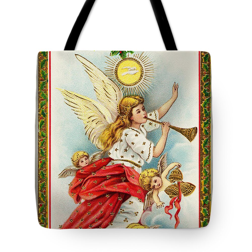 Christmas Wishes Angels Blowing Horns Vintage Victorian Tote Bag featuring the painting Christmas wishes Angels blowing horns vintage victorian by Vintage Collectables