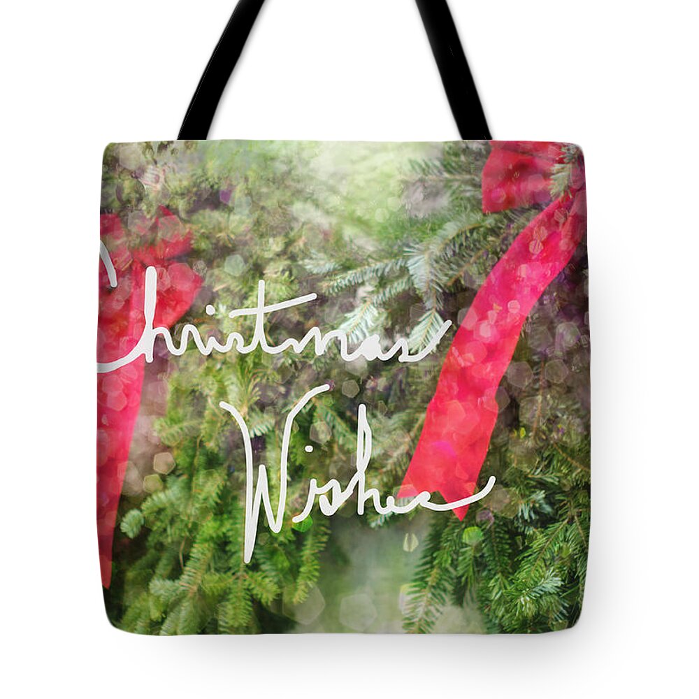 Christmas Wreath Tote Bag featuring the photograph Christmas Wishes Wreaths With Red Bow by Suzanne Powers