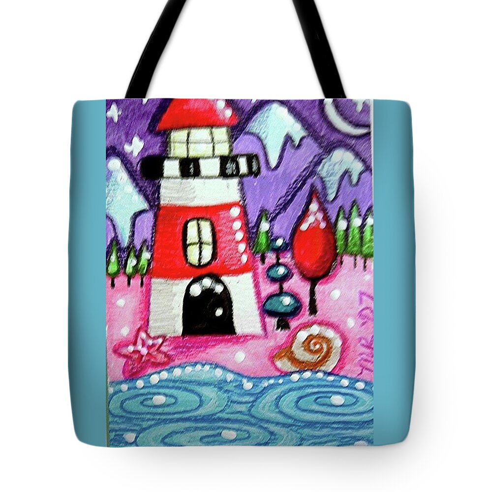Lighthouse Tote Bag featuring the painting Christmasy Lighthouse by Monica Resinger