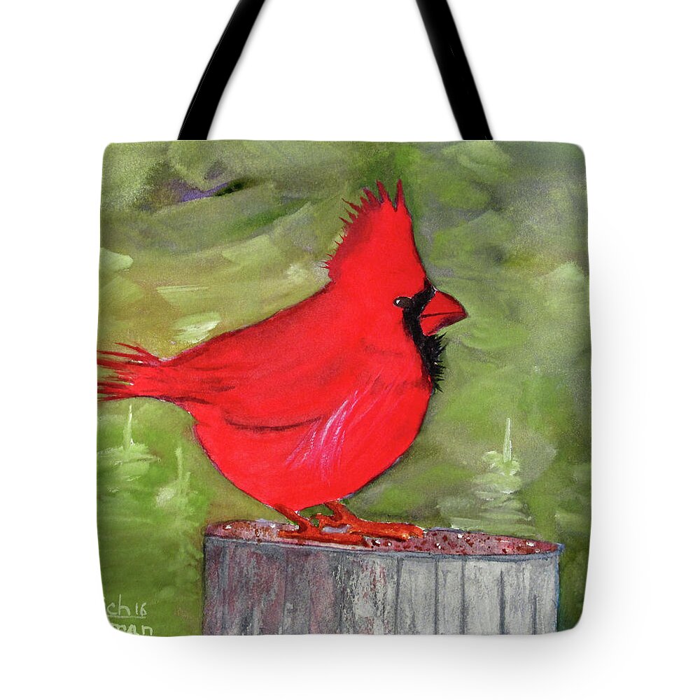 Red Tote Bag featuring the painting Christopher Cardinal by Richard Stedman
