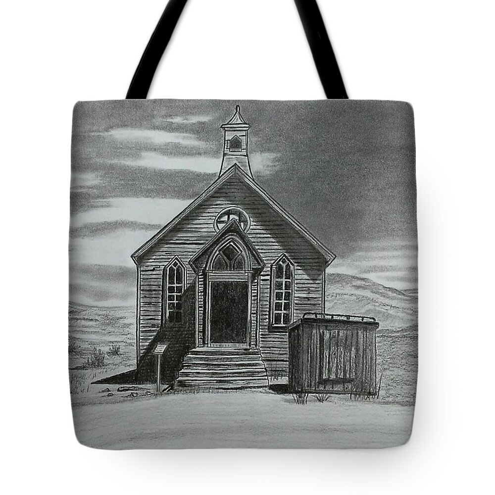 Church Tote Bag featuring the drawing Church at Bodie by Tony Clark