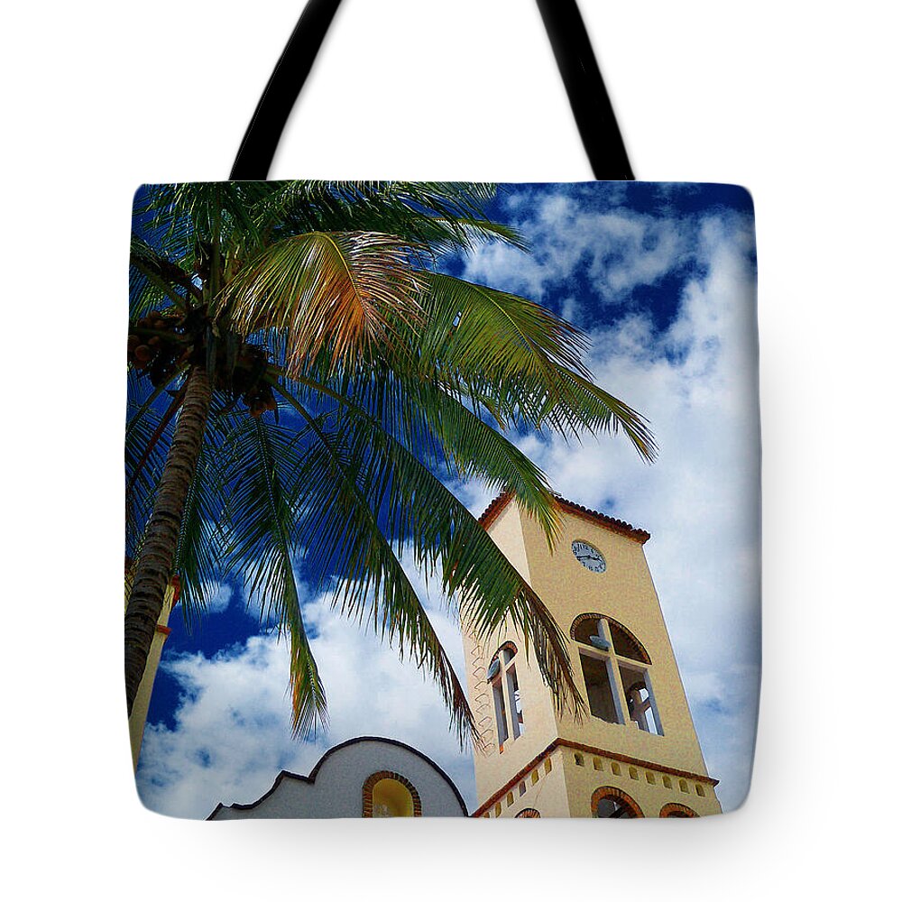 Church Steeple Tote Bag featuring the digital art Church Tower In Puerta Vallarta by Pamela Smale Williams