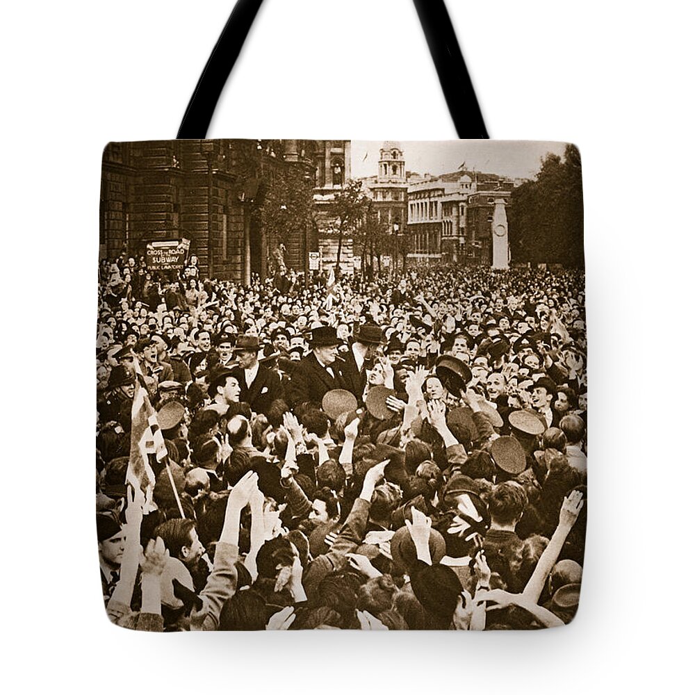 Churchill Tote Bag featuring the photograph Churchill mobbed in Whitehall on VE Day by English School