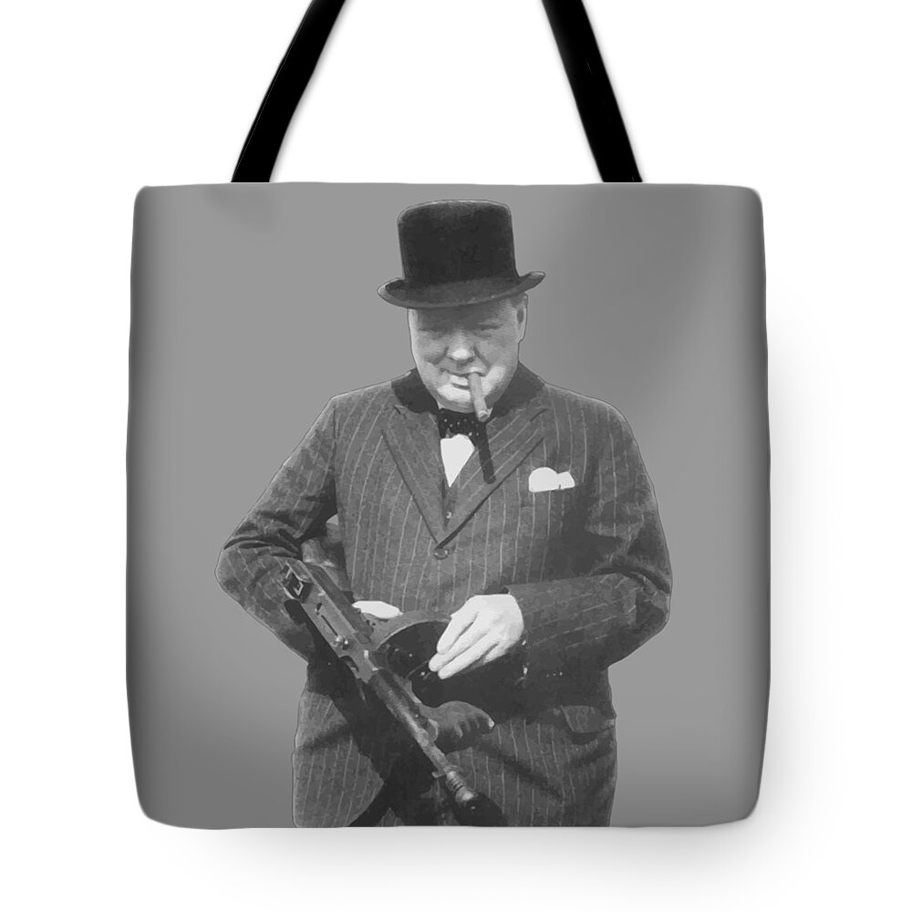 Winston Churchill Tote Bag featuring the painting Churchill Posing With A Tommy Gun by War Is Hell Store