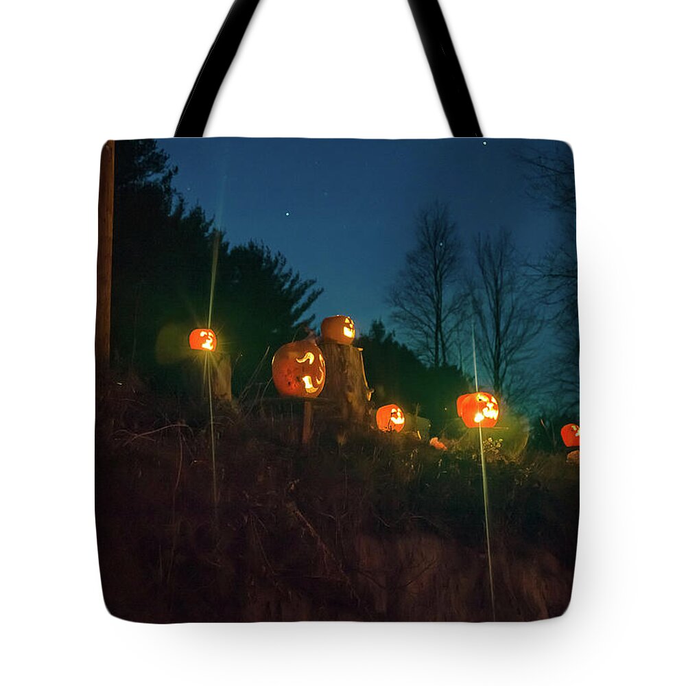 #jefffolger Tote Bag featuring the photograph CillyHill Pumpkin glowing against the stars by Jeff Folger