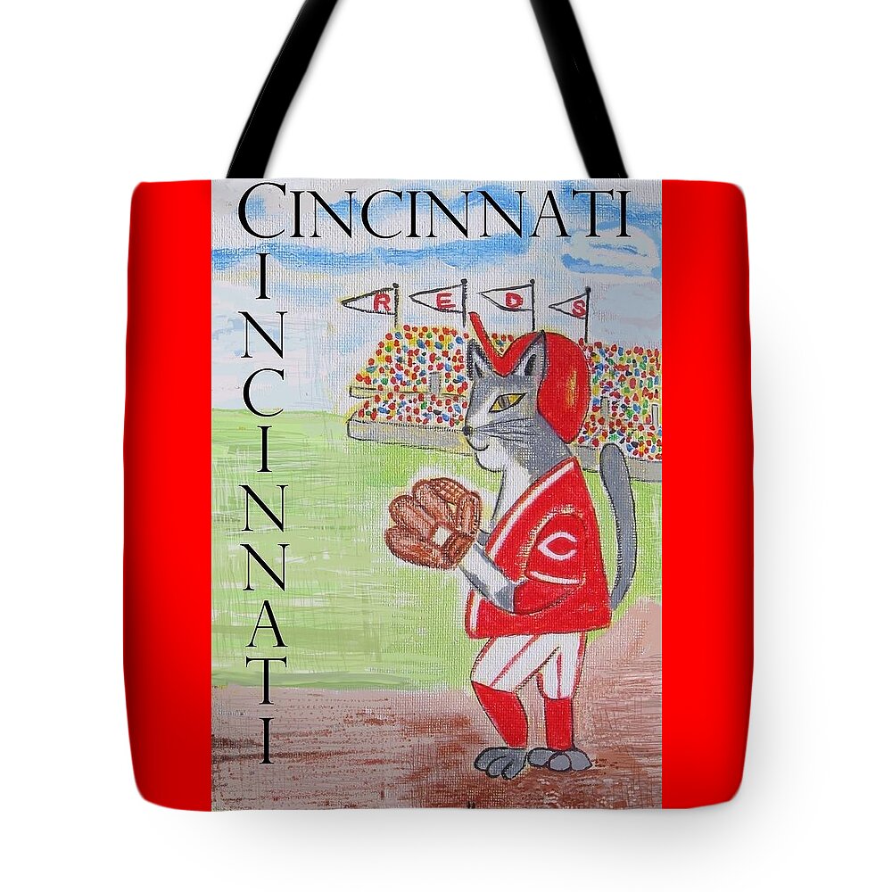Cincinnati Tote Bag featuring the painting Cinci Reds Cat by Diane Pape