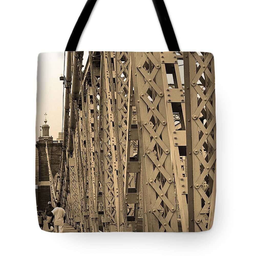 Arches Tote Bag featuring the photograph Cincinnati - Roebling Bridge 3 Sepia by Frank Romeo