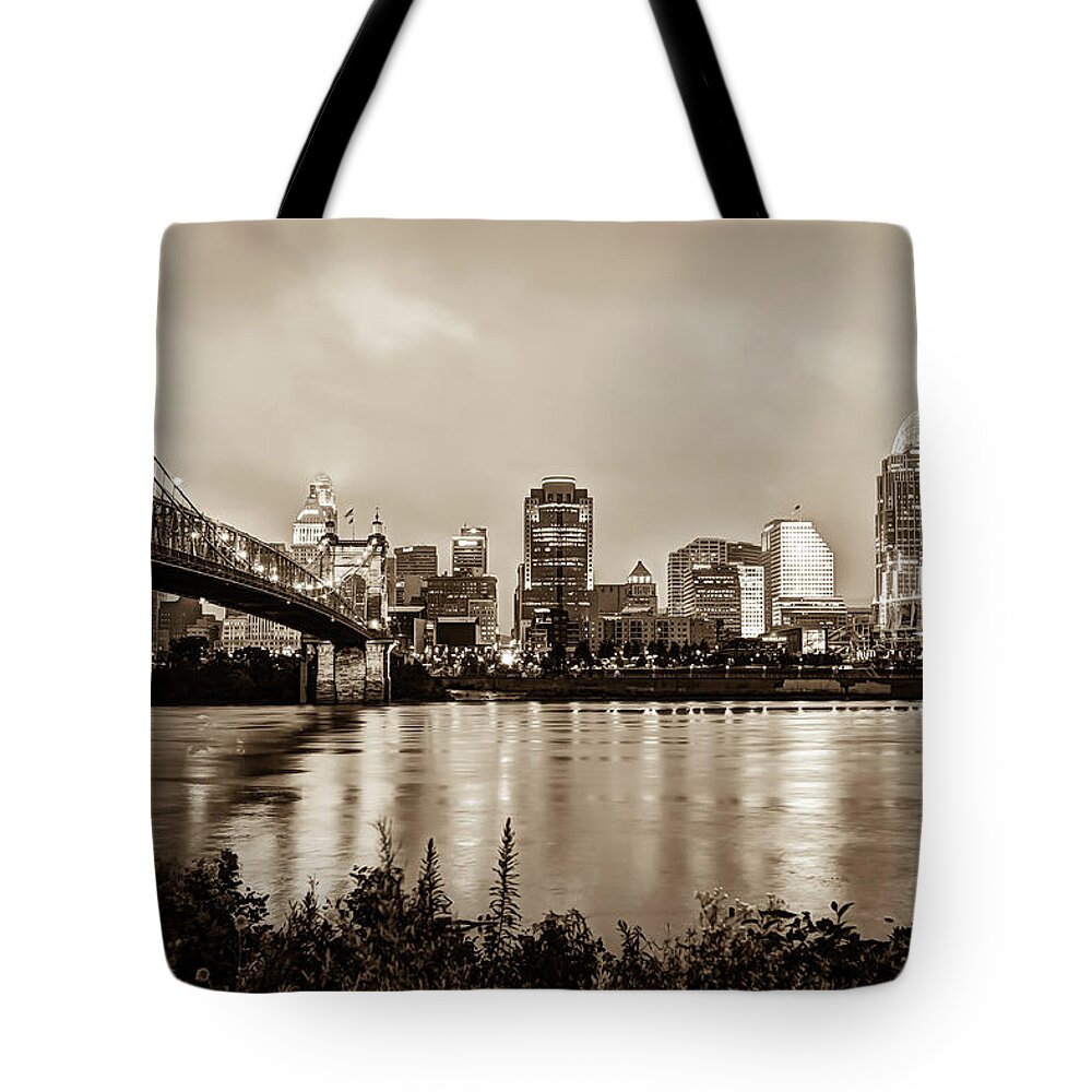 Cincinnati Skyline Tote Bag featuring the photograph Cincinnati Skyline Cityscape Art - Sepia Edition by Gregory Ballos