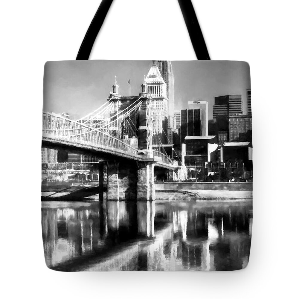 Scenes From Far And Near Tote Bag featuring the photograph Cincinnati Skyline Reflections BW by Mel Steinhauer