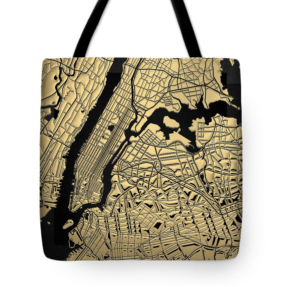'nyc ' Collection By Serge Averbukh Tote Bag featuring the digital art Cities of Gold - Golden City Map New York on Black by Serge Averbukh