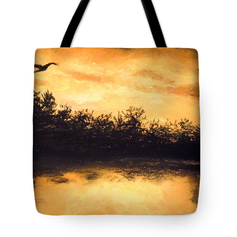 Yellow Sunset Tote Bag featuring the painting Citrin Pines by Jen Shearer
