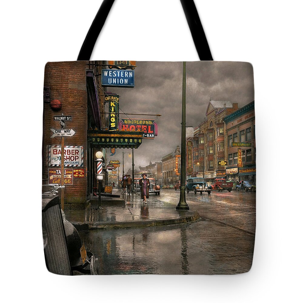 Colorized Tote Bag featuring the photograph City - Amsterdam NY - Call 666 for Taxi 1941 by Mike Savad