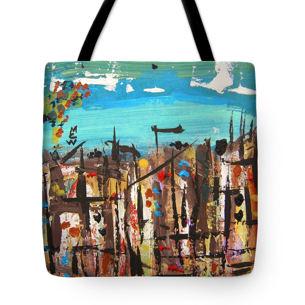 Acrylic Tote Bag featuring the painting City Chaos by Mary Carol Williams