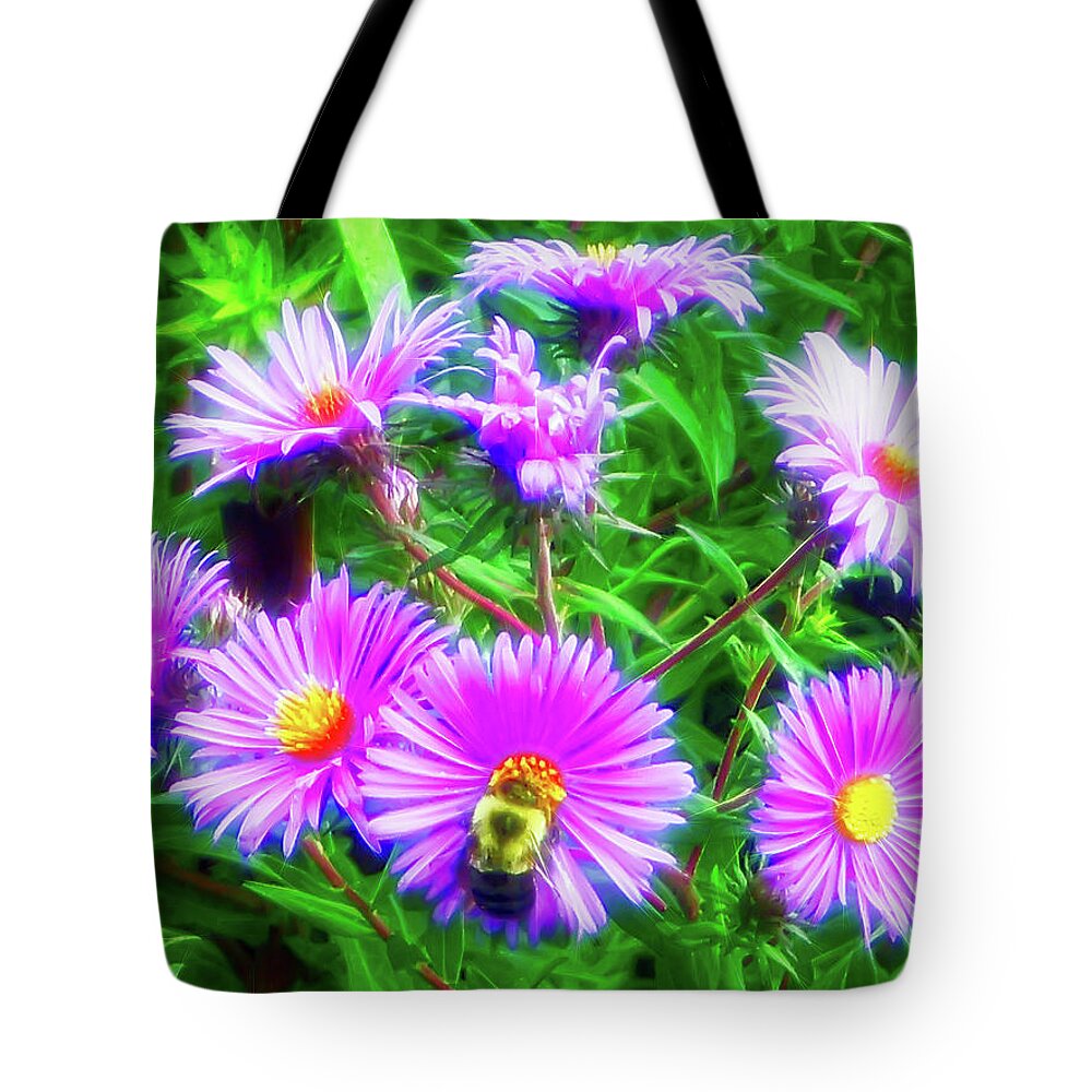 Purple Daisy Tote Bag featuring the photograph City Flare Pollinating by Aimee L Maher ALM GALLERY