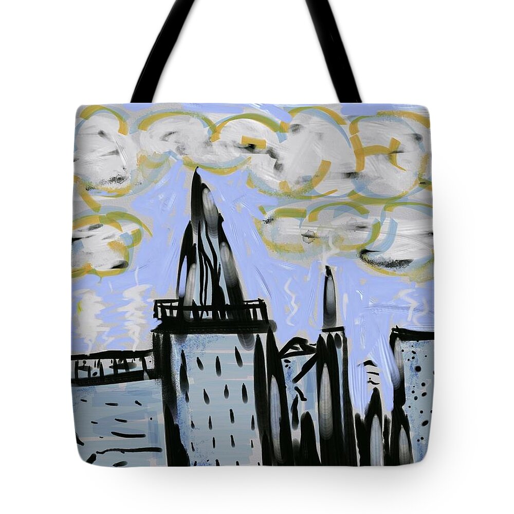 Cityscape Tote Bag featuring the digital art City in Blue by Dan Twyman