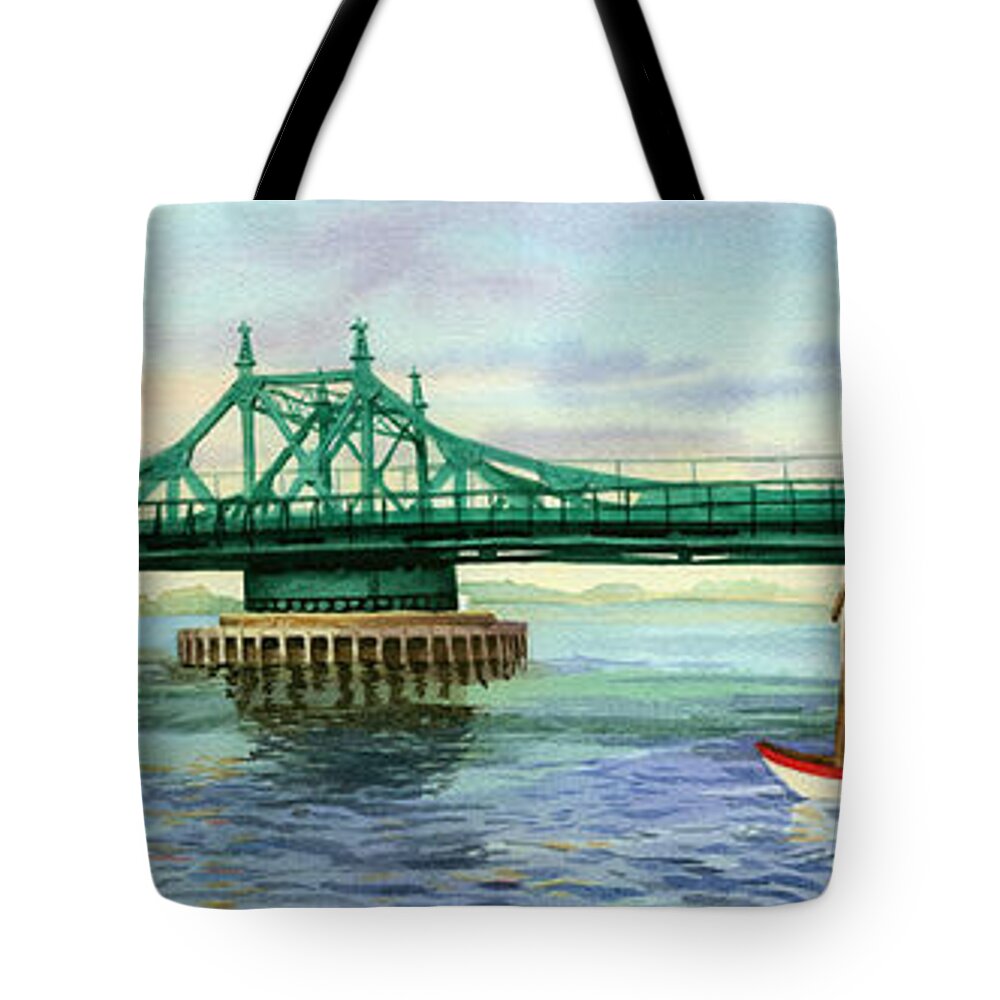 City Island Tote Bag featuring the painting City Island Bridge Late Afternoon by Marguerite Chadwick-Juner