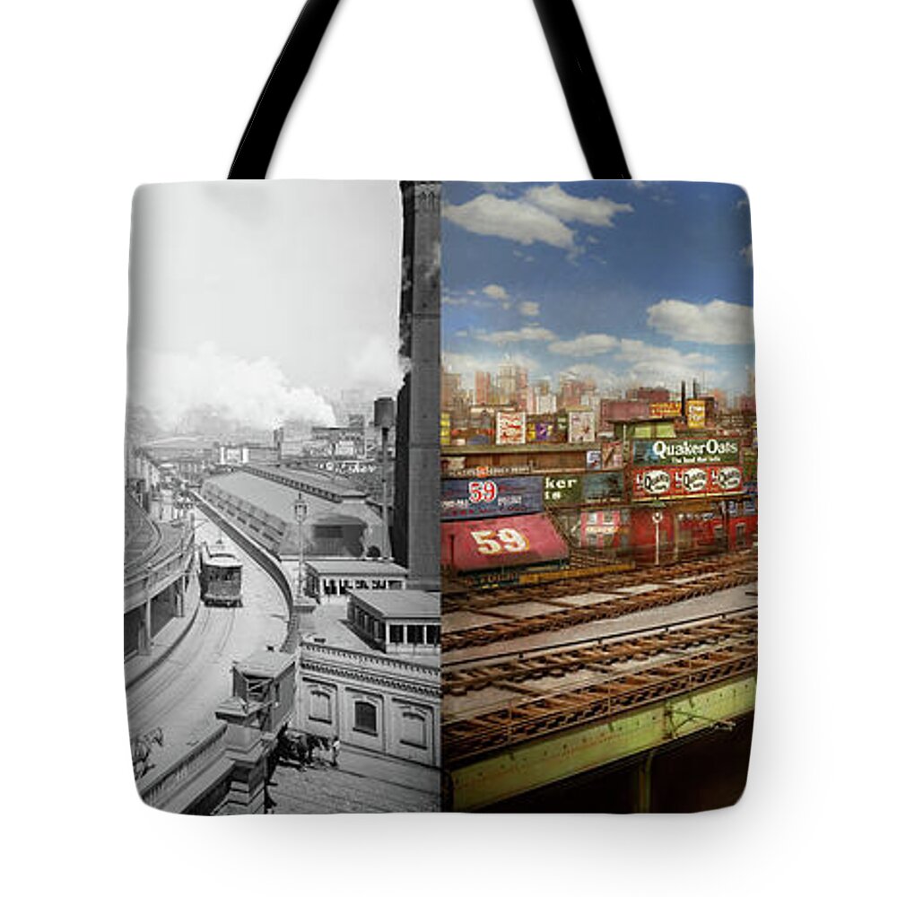 Color Tote Bag featuring the photograph City - New York - The Brooklyn bridge from 1903 - Side by Side by Mike Savad