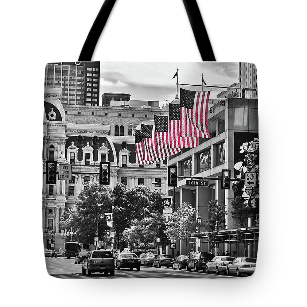Flags Tote Bag featuring the photograph City of Brotherly Love - Philadelphia by Louis Dallara