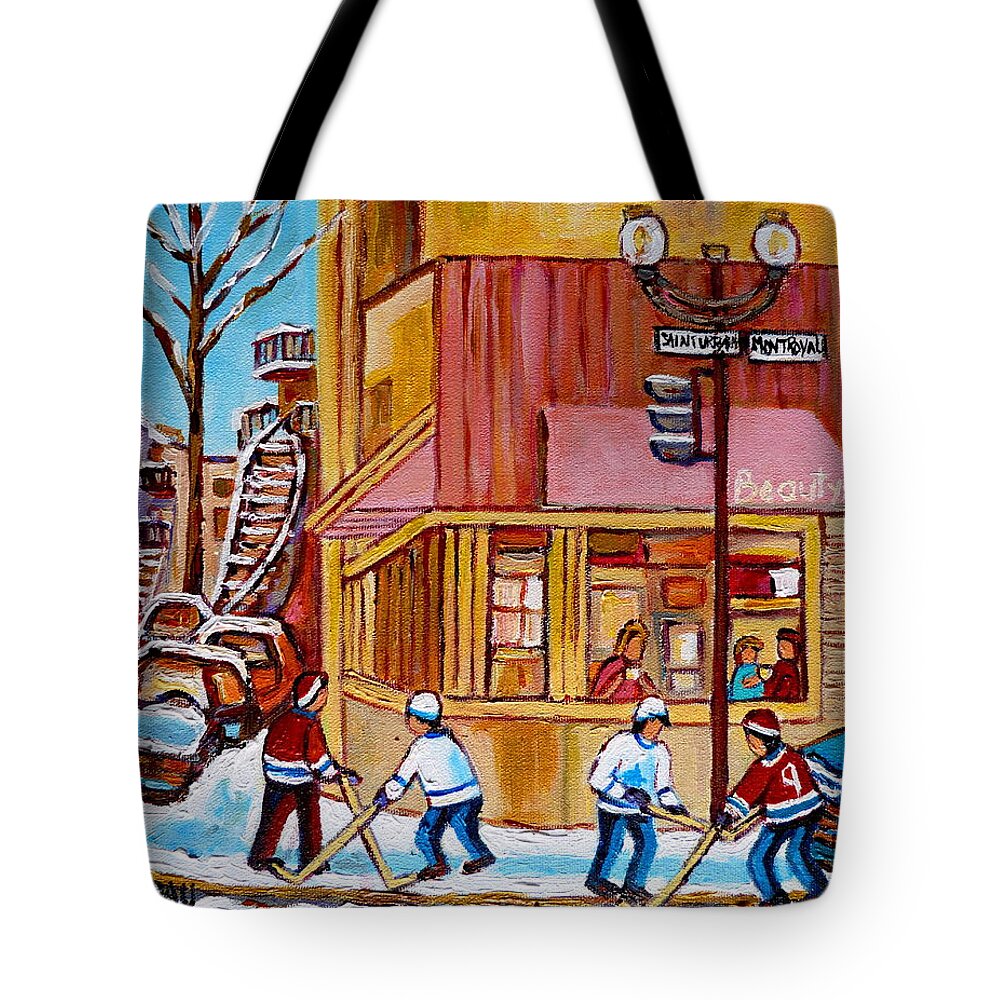 Montreal Tote Bag featuring the painting City Of Montreal St. Urbain And Mont Royal Beautys With Hockey by Carole Spandau