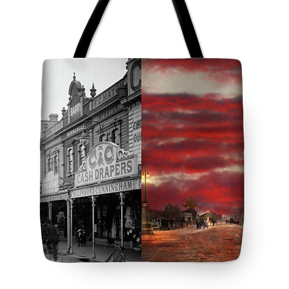 Cash Drapers Tote Bag featuring the photograph City - Palmerston North NZ - The shopping district 1908 - Side by Side by Mike Savad