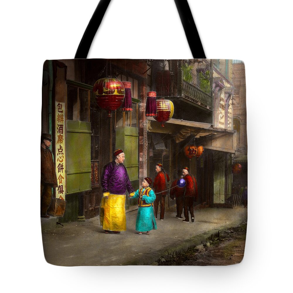 Kungfu Tote Bag featuring the photograph City - San Francisco - Chinatown - Visiting the commoners 1896-06 by Mike Savad