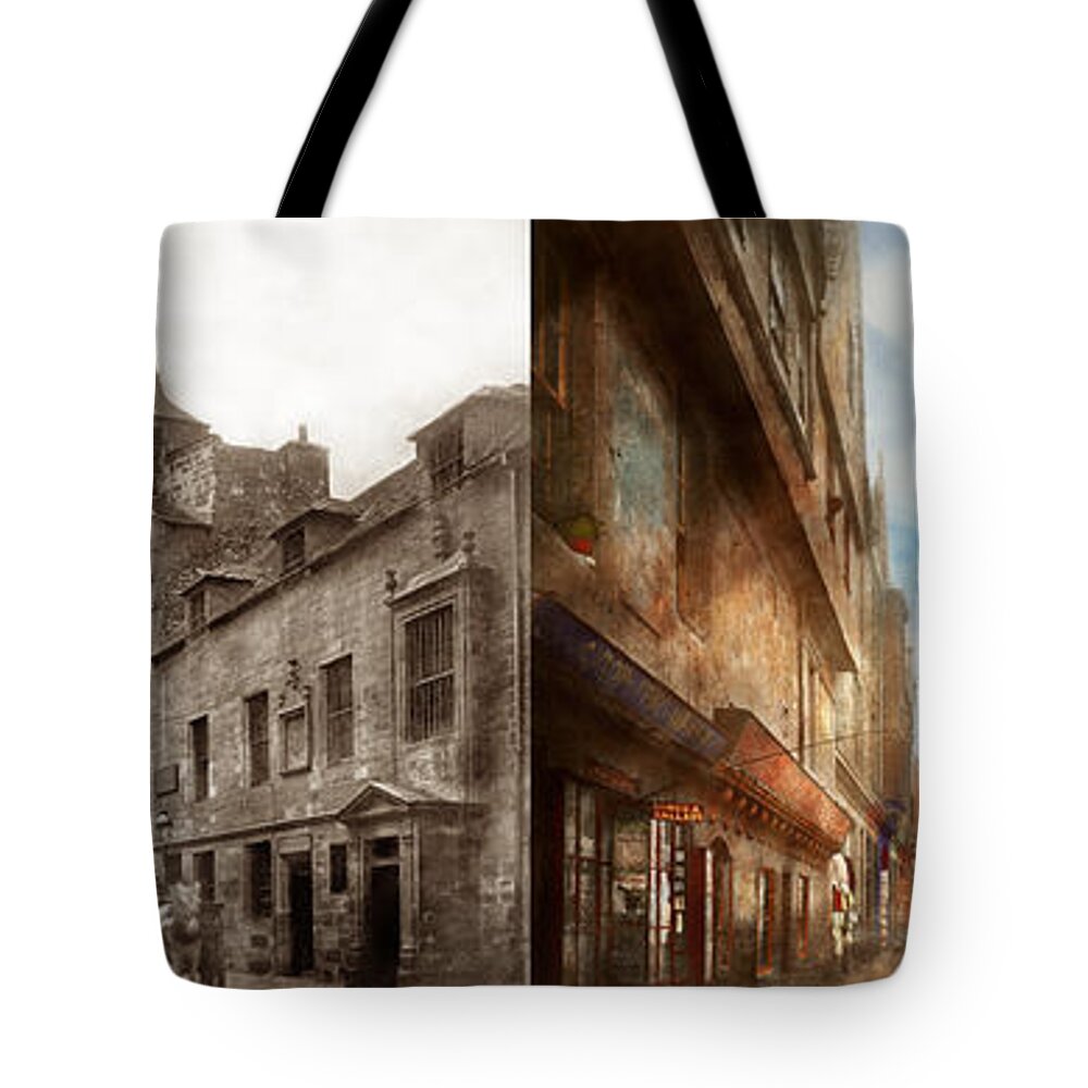 Edinburgh Tote Bag featuring the photograph City - Scotland - Tolbooth operator 1865 - Side by Side by Mike Savad