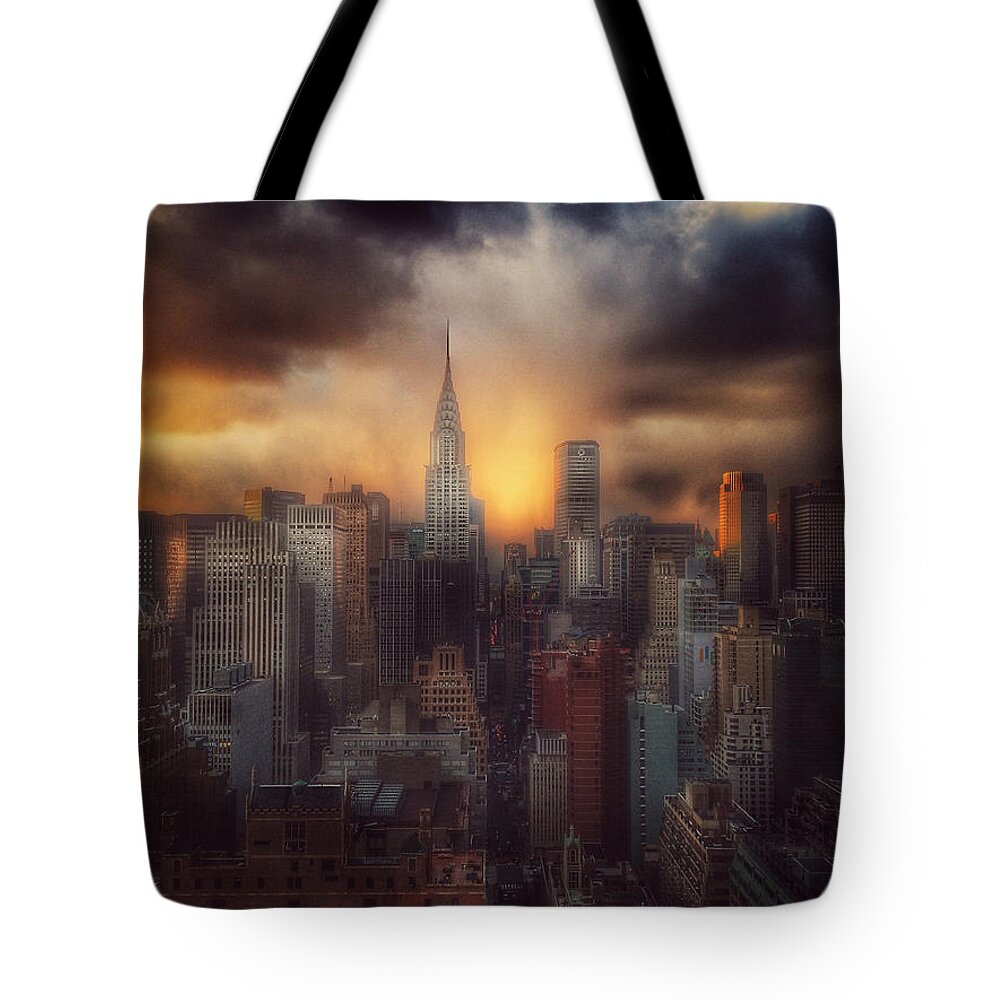 Chrysler Building Tote Bag featuring the photograph City Splendor - Sunset in New York by Miriam Danar