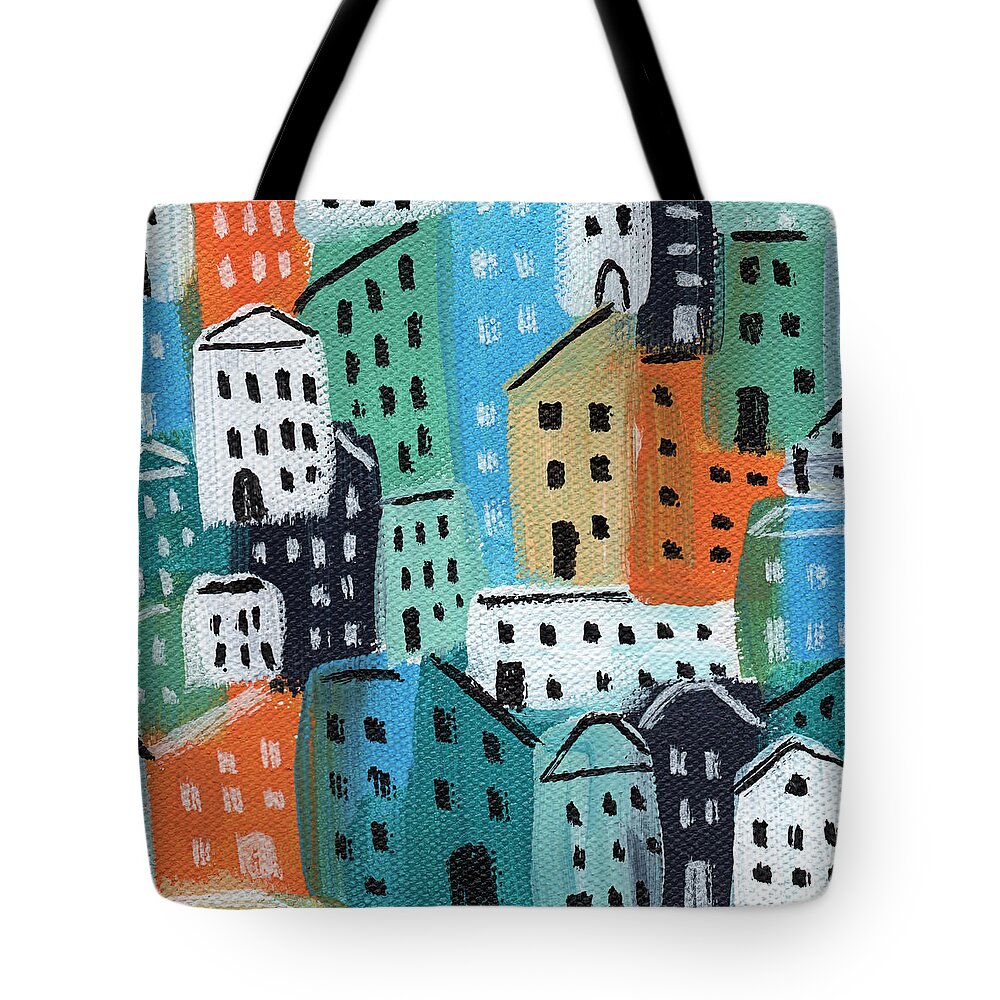 City Tote Bag featuring the painting City Stories- Blue and Orange by Linda Woods