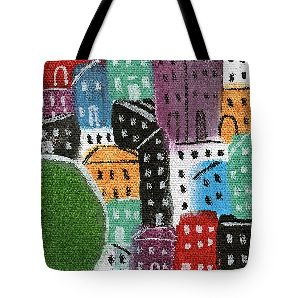 Houses Tote Bag featuring the painting City Stories- By The Park by Linda Woods