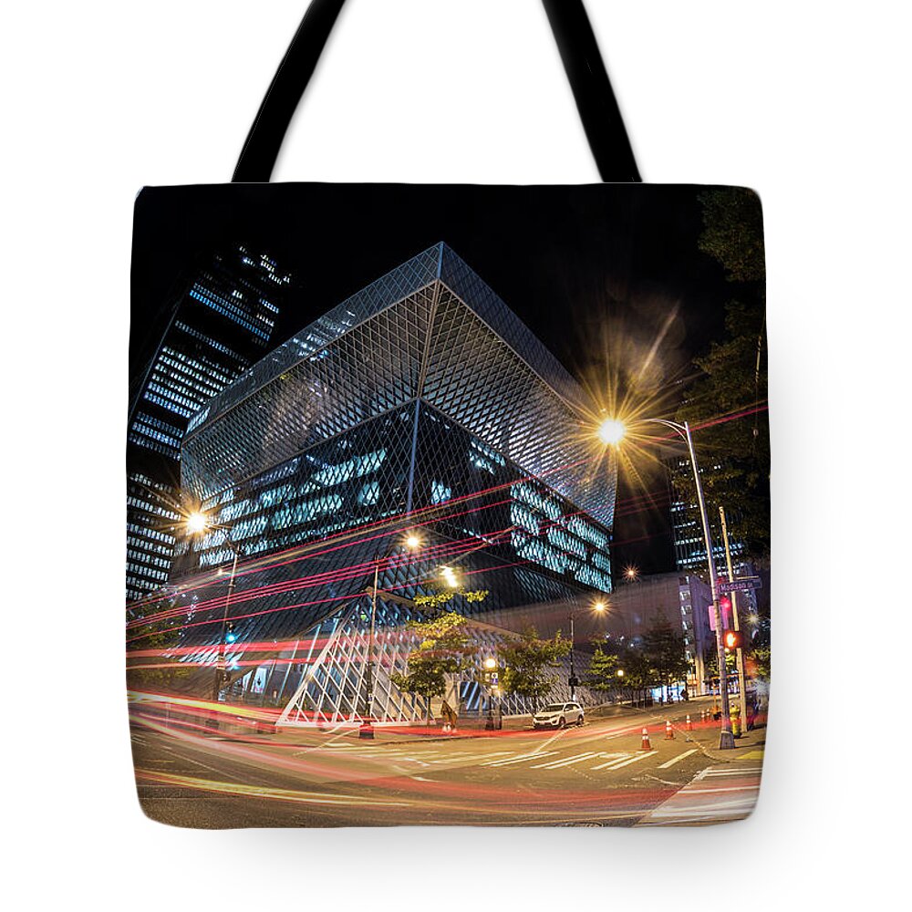 Seattle City Long Exposure Night Time-lapse Washington Cityscape Emerald City Traffic Tote Bag featuring the photograph City Streets and the Seattle Central Library by Matt McDonald
